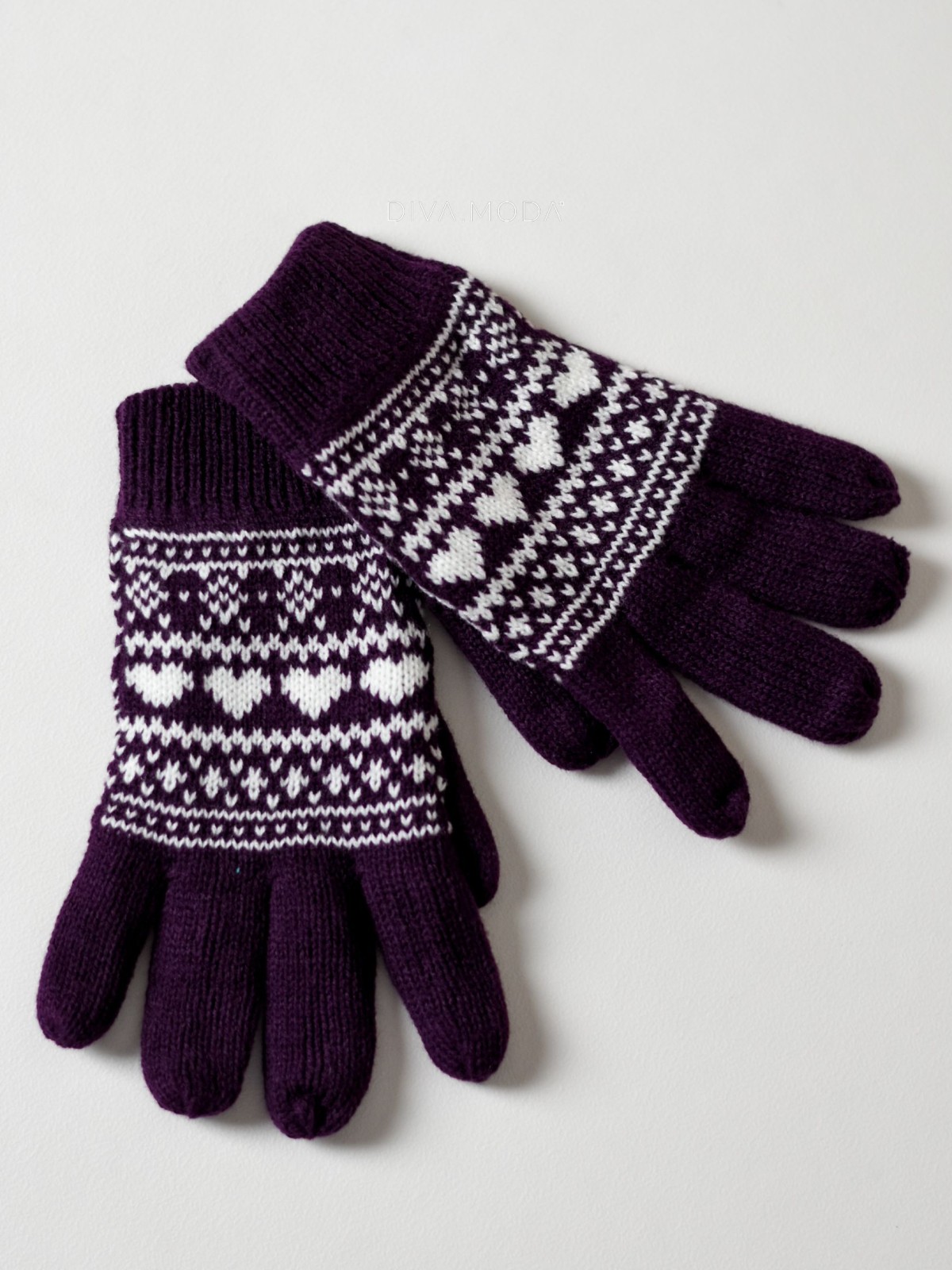 Pletené rukavice srdíčka fialové M 15