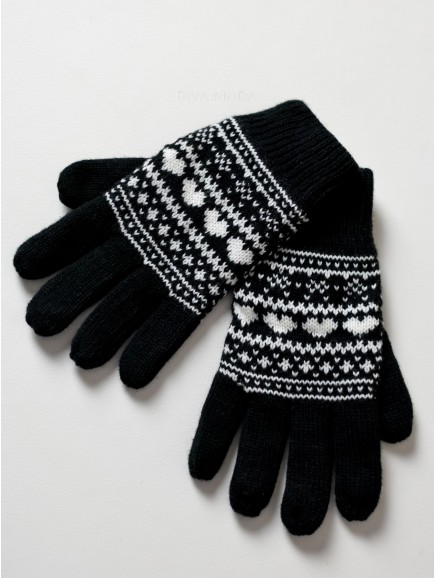 Pletené rukavice srdíčka černá M 15