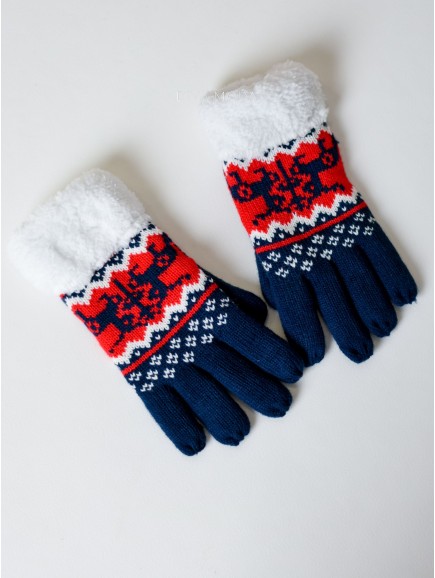 Pletené rukavice sobíky s bílou kožešinou tmavě modré M 14