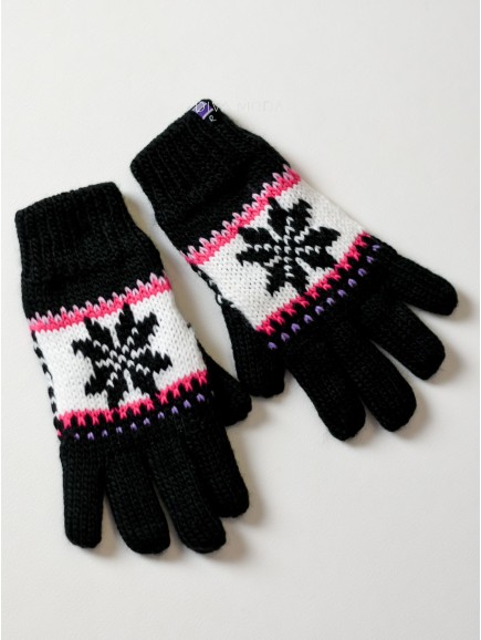 Pletené rukavice vločka černo-růžové M 12