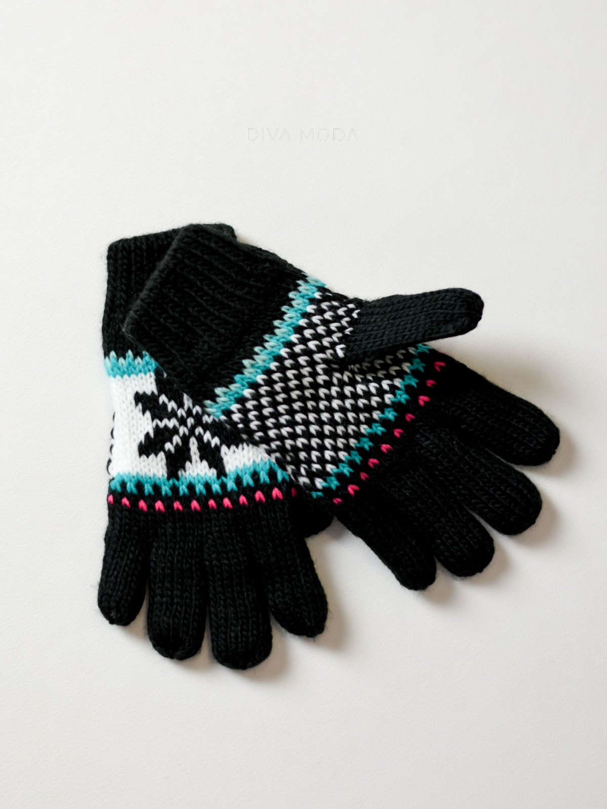 Pletené rukavice vločka černo-tyrkysové M 12