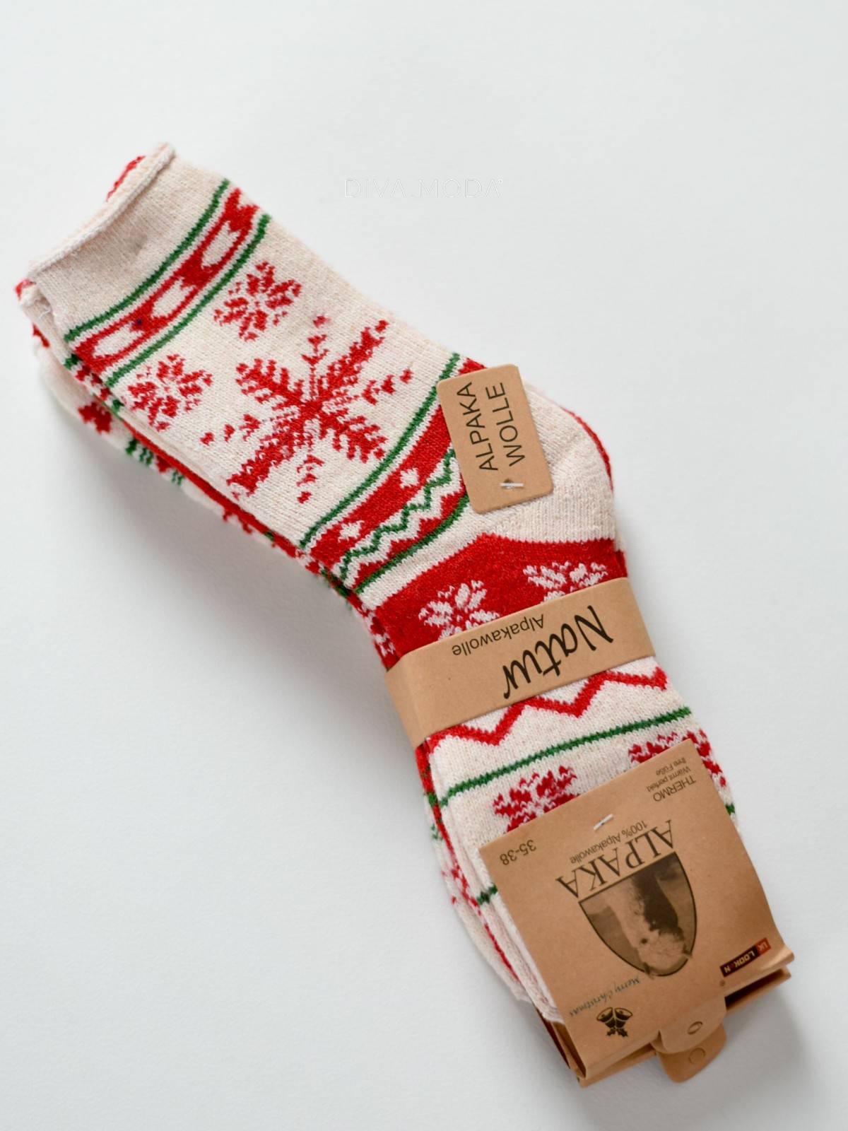 Trio vánočních norských ponožek z alpaky 2 x ecru+červená M 18