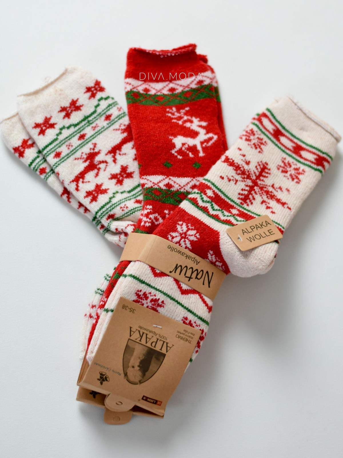 Trio vánočních norských ponožek z alpaky 2 x ecru+červená M 18