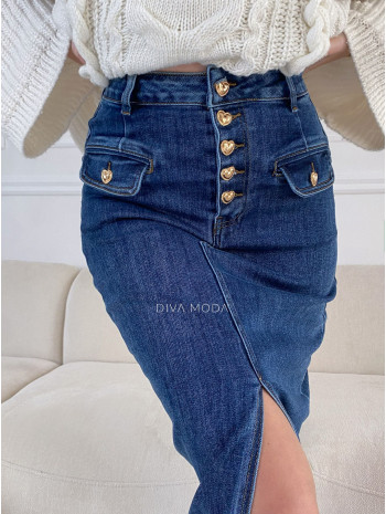 Riflová maxi sukňa so srdiečkovými gombíkmi tmavo modrá P 16