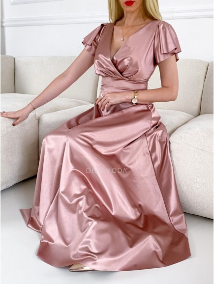 Společenské saténové maxi šaty Eli pudrově růžové P 40