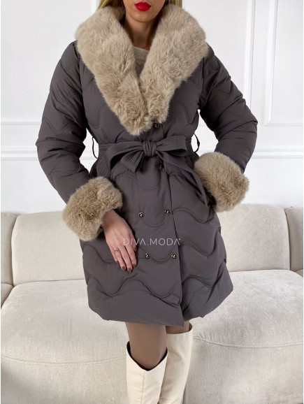 Zimní bunda s kožešinovým límcem šedá P 57