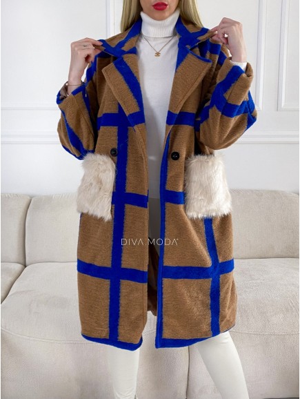 Kabát cube s kožešinou hnědo-modrý A 95