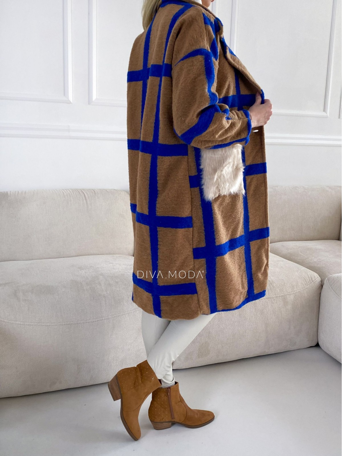 Kabát cube s kožešinou hnědo-modrý A 95