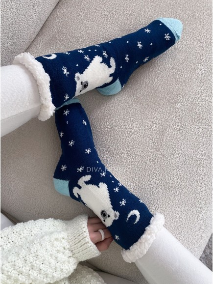 Hrubé protiskluzové fluffy ponožky lední medvěd tmavě modré M 20