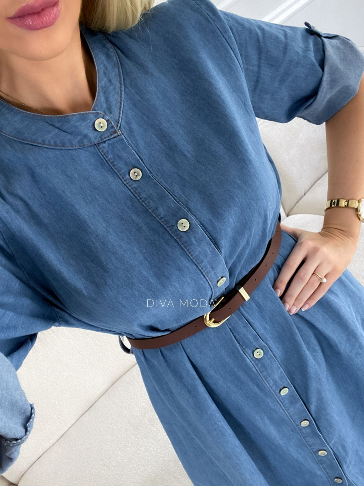 Midi riflové šaty s páskem modré M 28