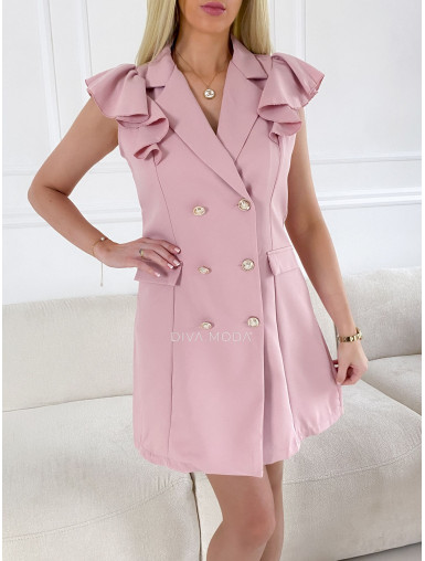 Sakové šaty s volány na ramenou pudrově růžové M 68
