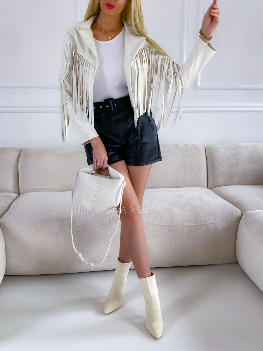 Koženková crop bunda so strapcami béžová M 54