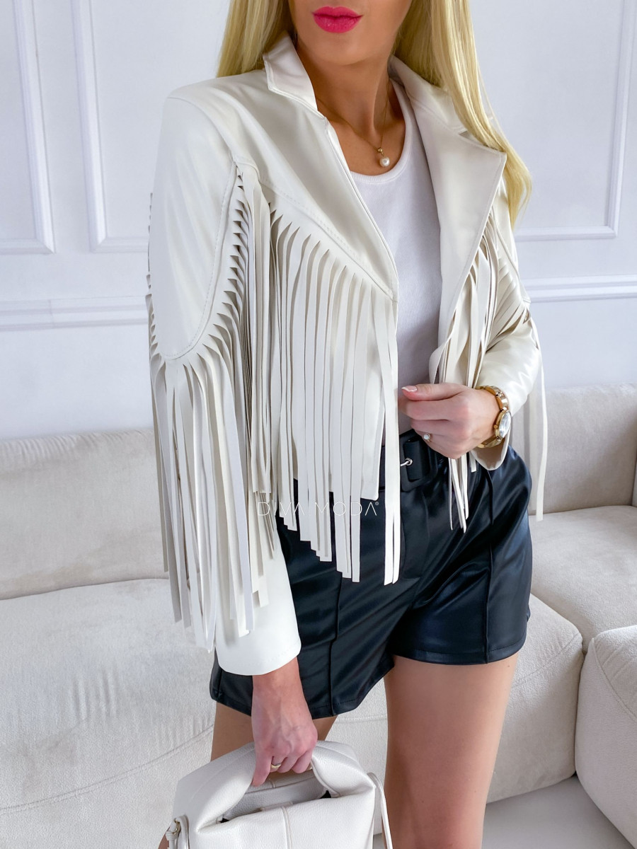 Koženková crop bunda so strapcami béžová M 54