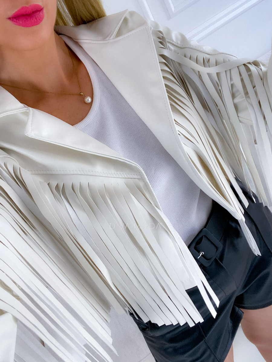 Koženková crop bunda so strapcami béžová M 54