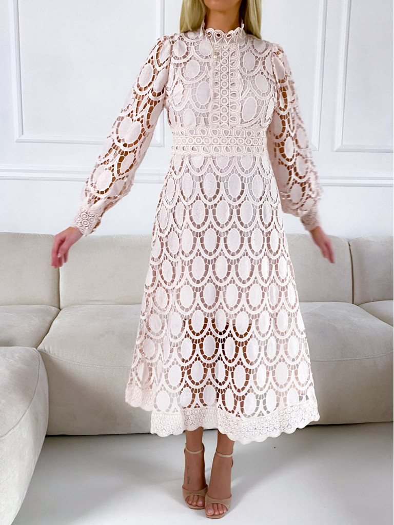 Háčkované maxi šaty Poline ecru-růžovkasté M 68