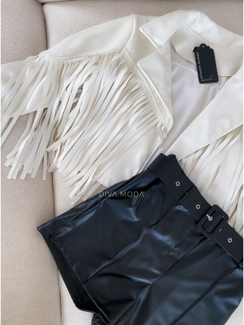 Koženková crop bunda so strapcami béžová M 54