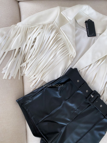 Koženková crop bunda so strapcami béžová M 54