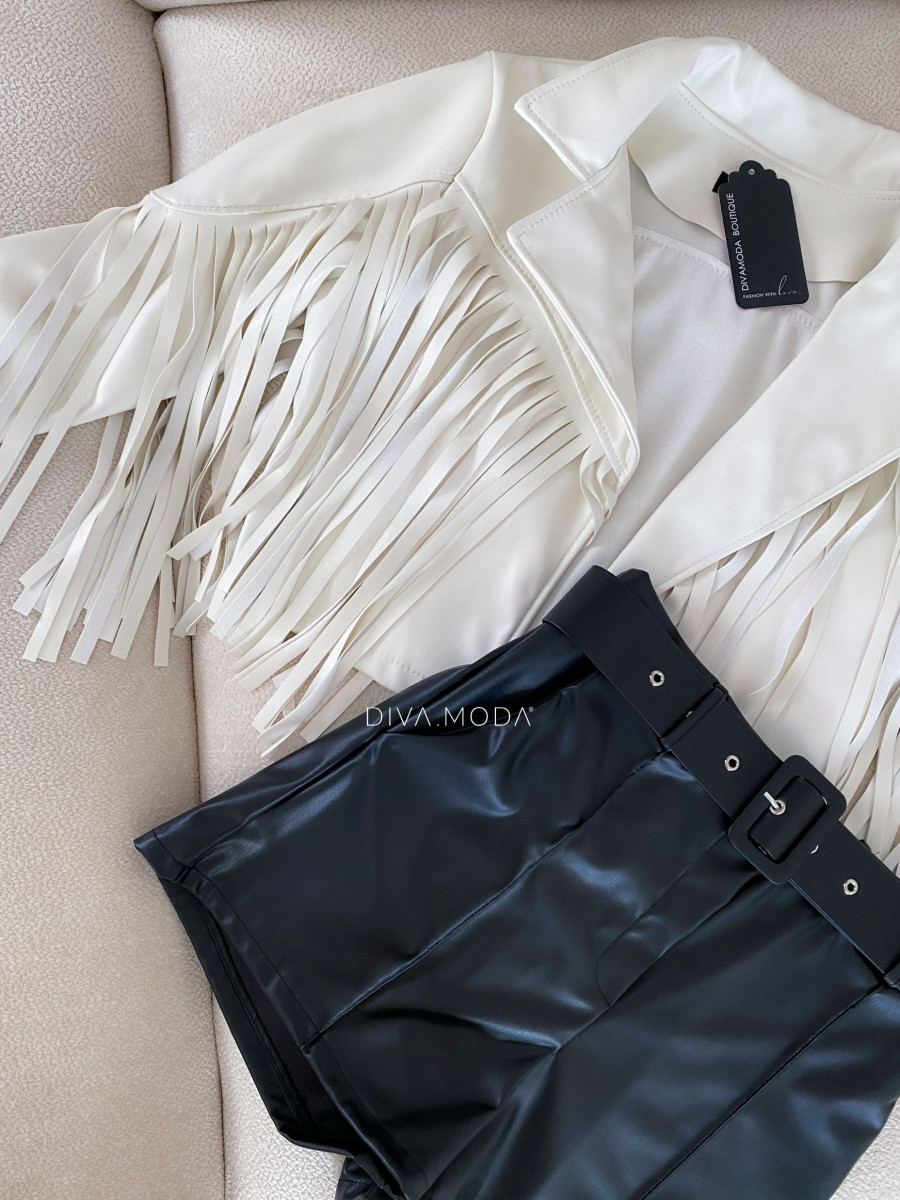 Koženková crop bunda so strapcami béžová M 54