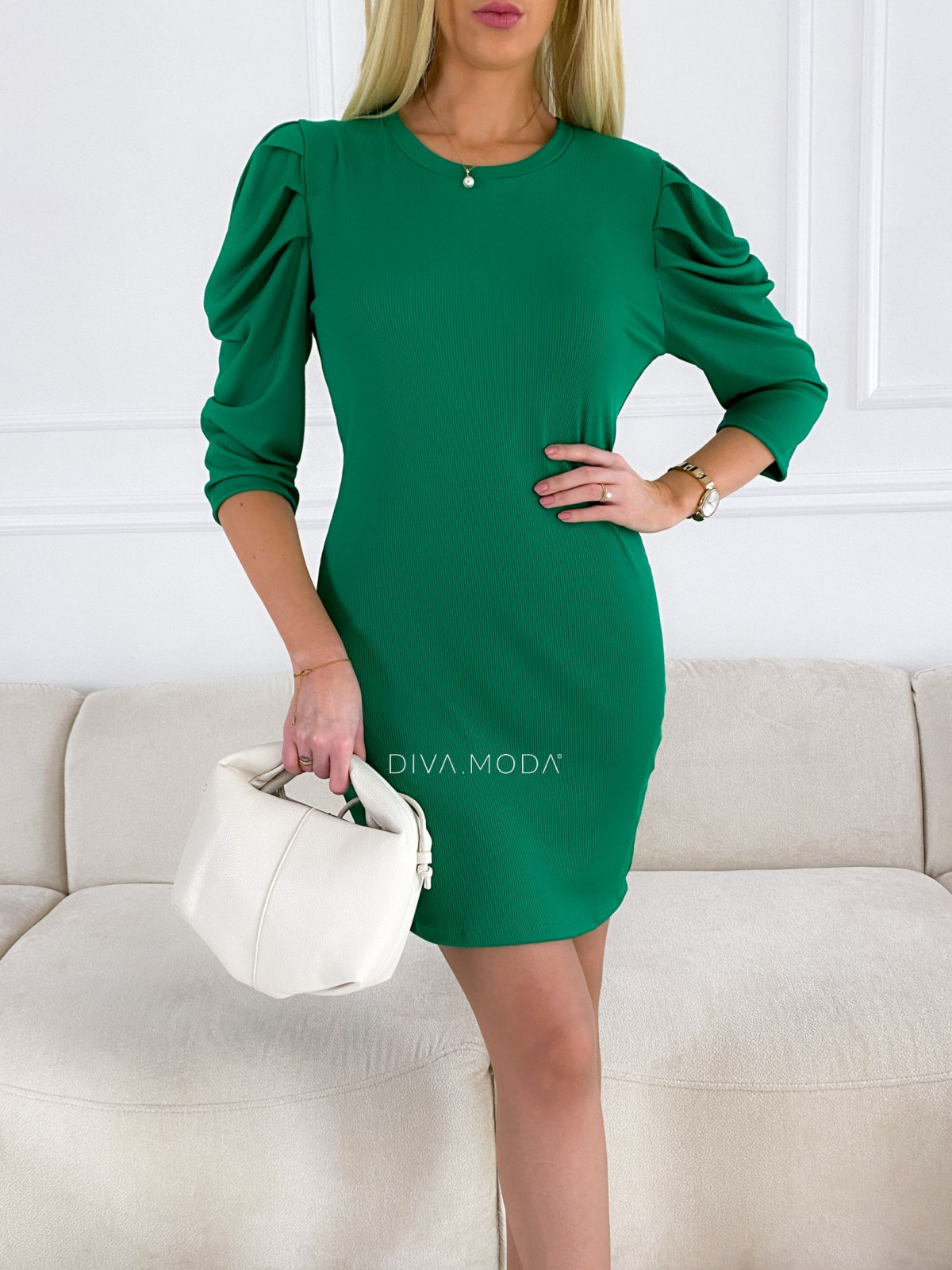 Žebrované šaty s puf rukávy zelené M 95
