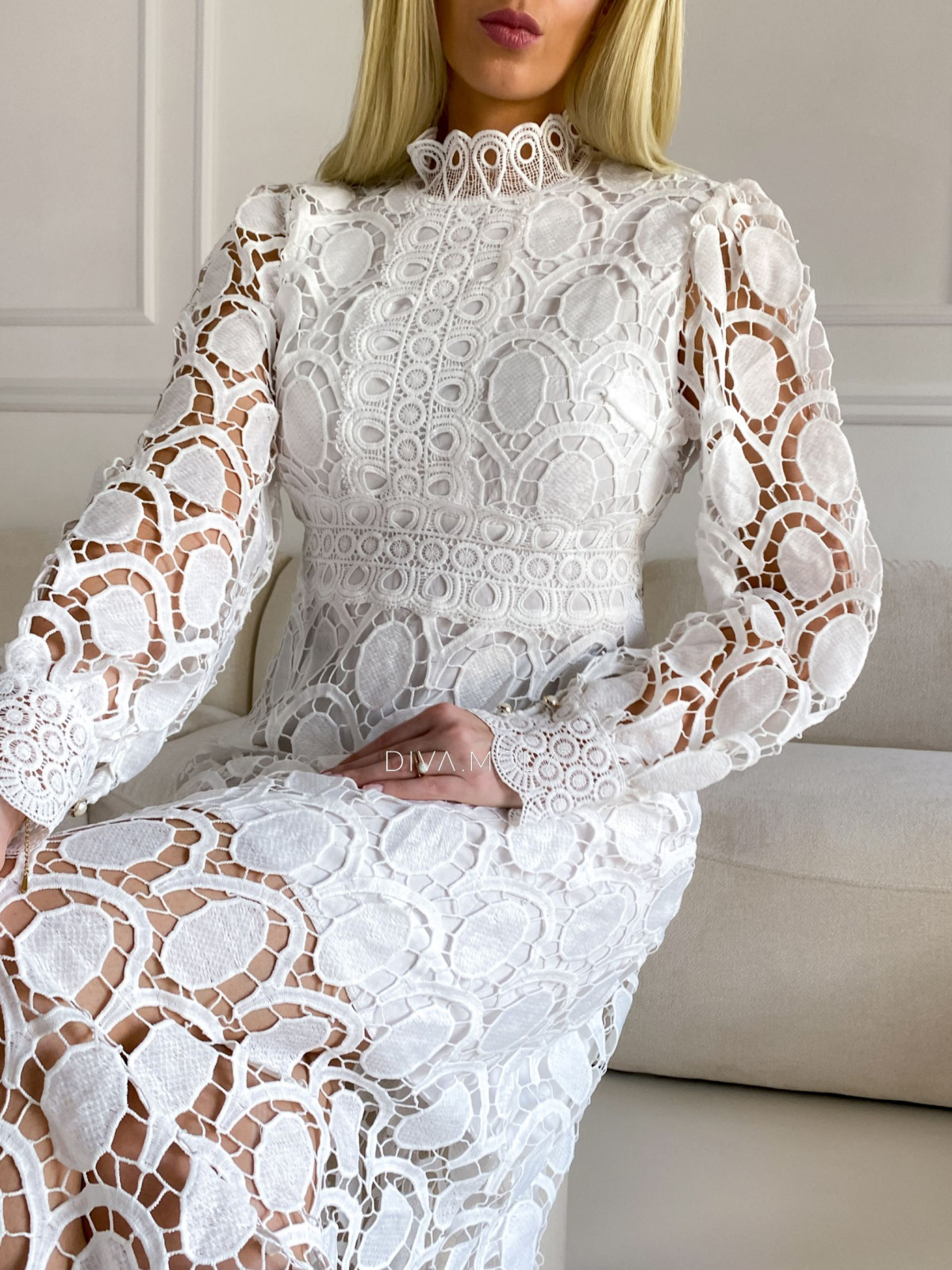 Háčkované maxi šaty Poline bílé M 68