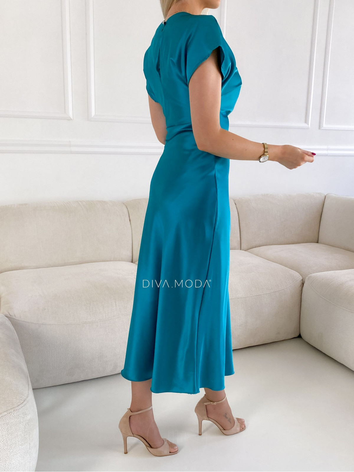 Elegantní saténové maxi šaty s řasením v pase petrol M 156