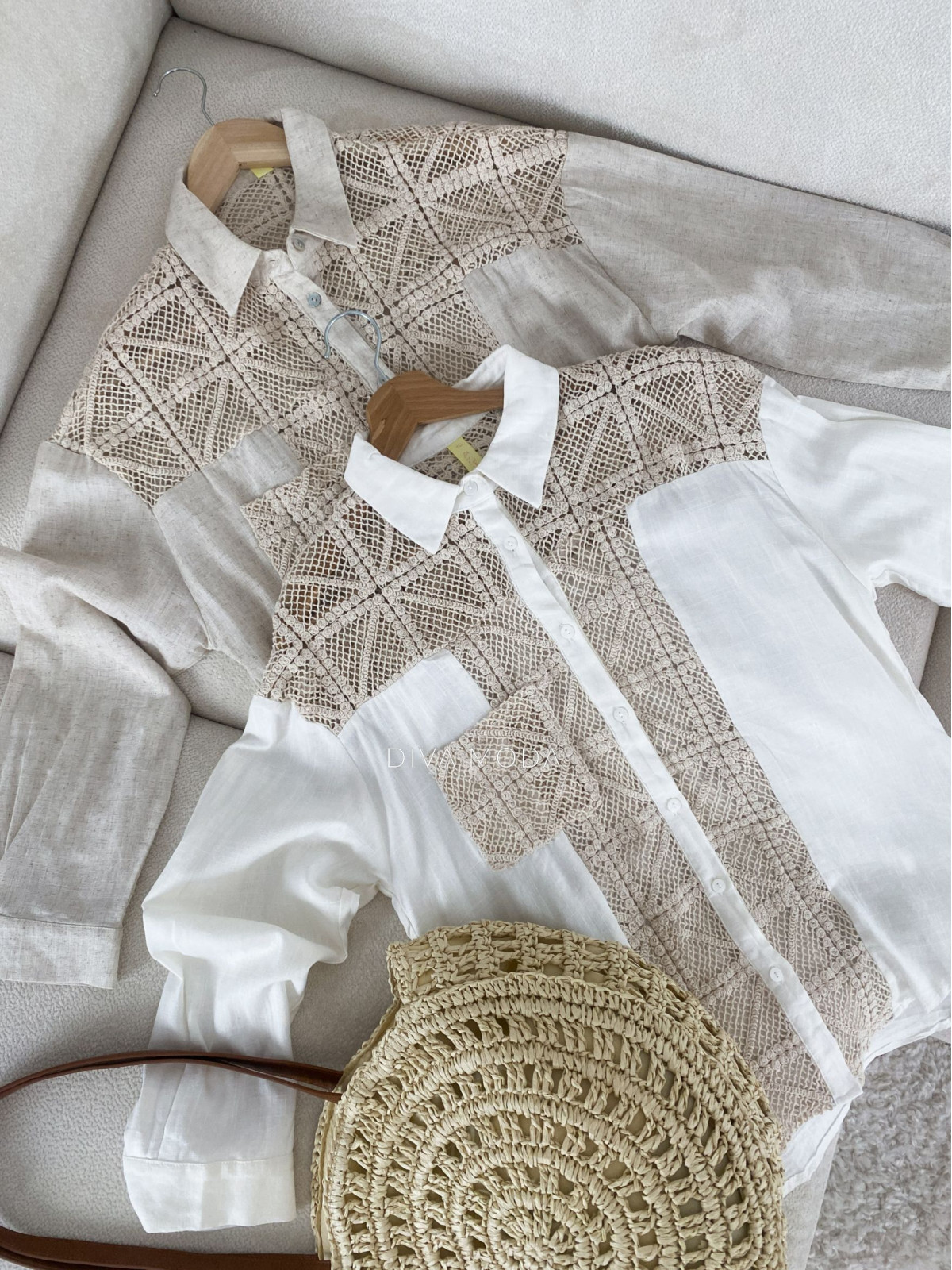 Oversize bavlněná košile s háčkovanou aplikací Bílo/béžová M 169