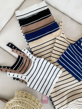 Pruhovaný úpletový komplet top + sukňa navy blue M 151