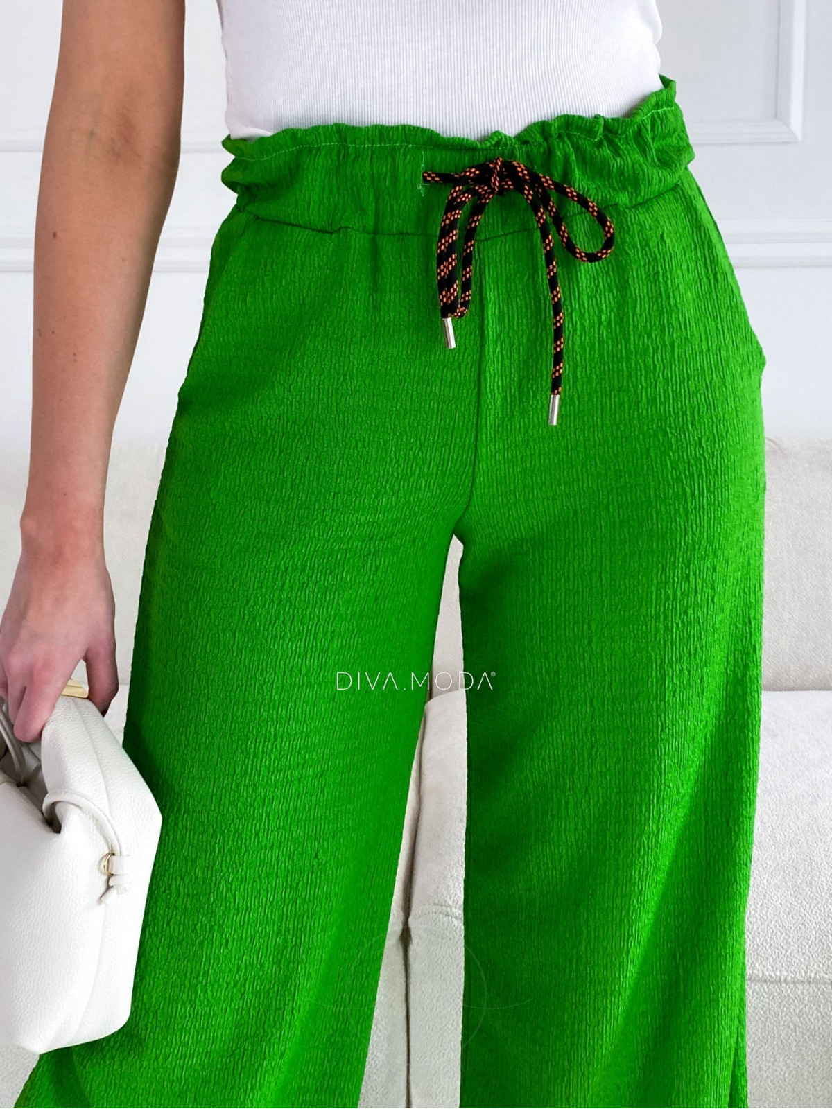 Široké krepové kalhoty zelené trávové P 116