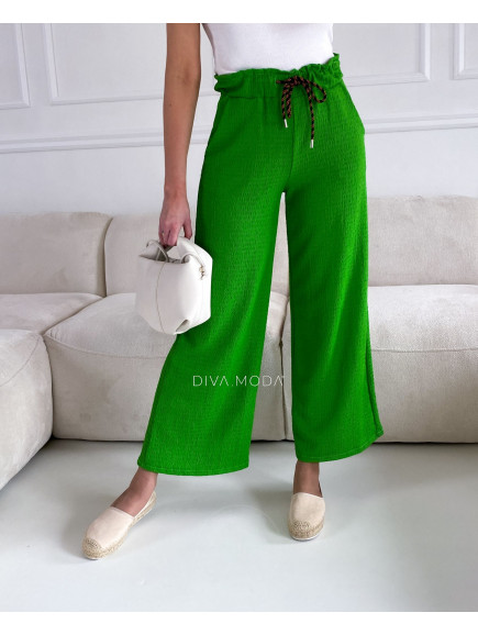 Široké krepové kalhoty zelené trávové P 116