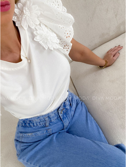 Bavlněné tričko se zdobeným 3D rukávem bílé P 52