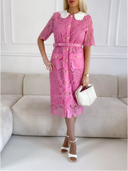 Midi krajkované šaty s límcem růžové P 72