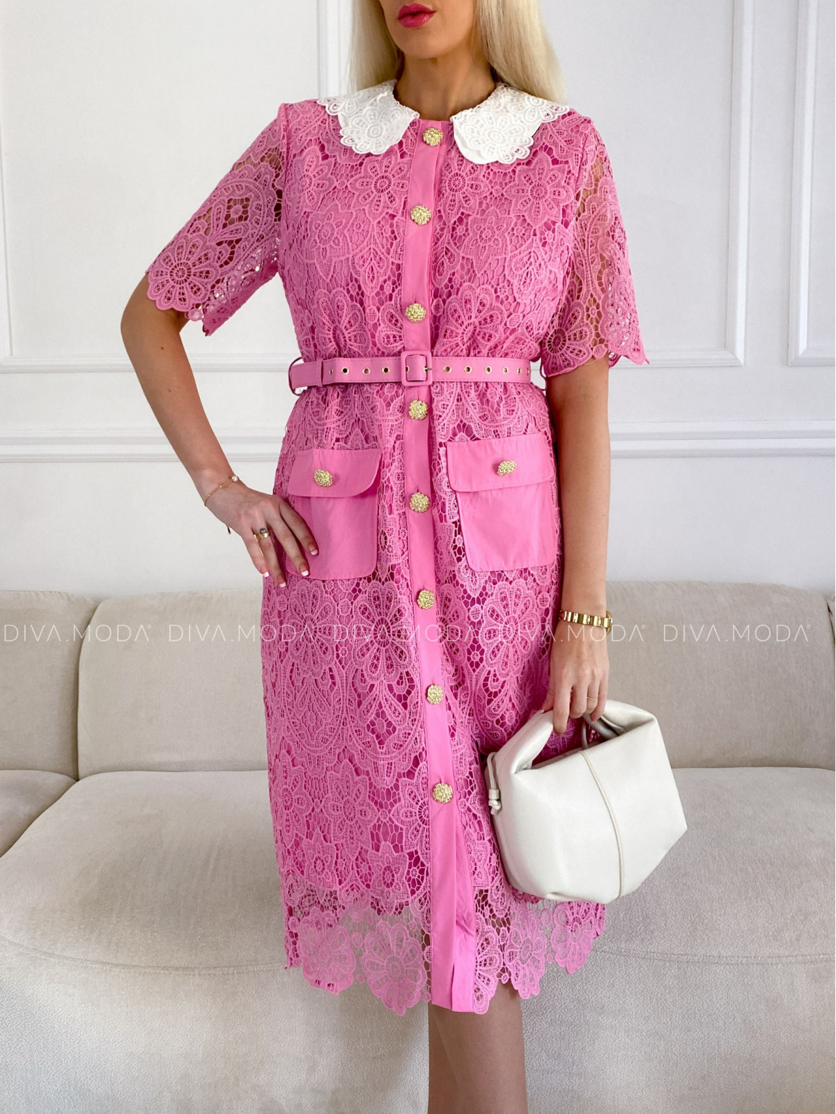 Midi krajkované šaty s límcem růžové P 72