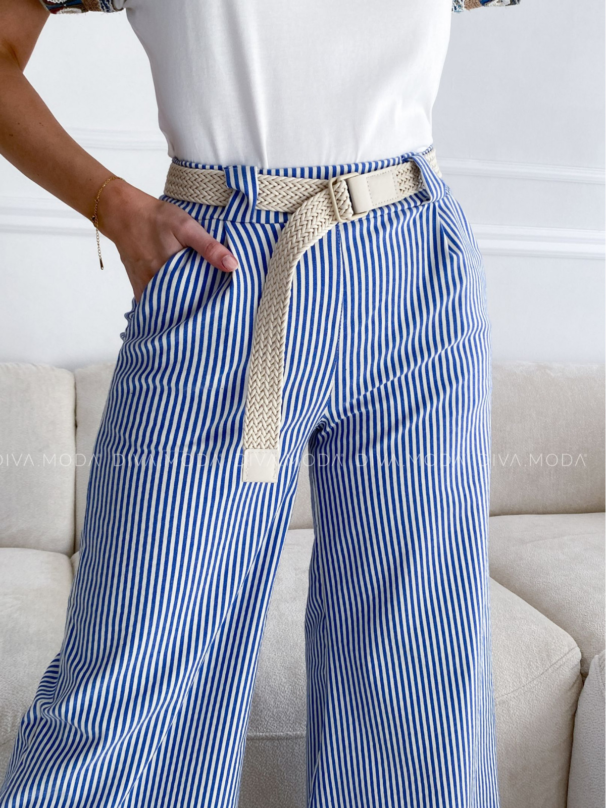 Bavlněné zvonové kalhoty strips tmavě modré P 86