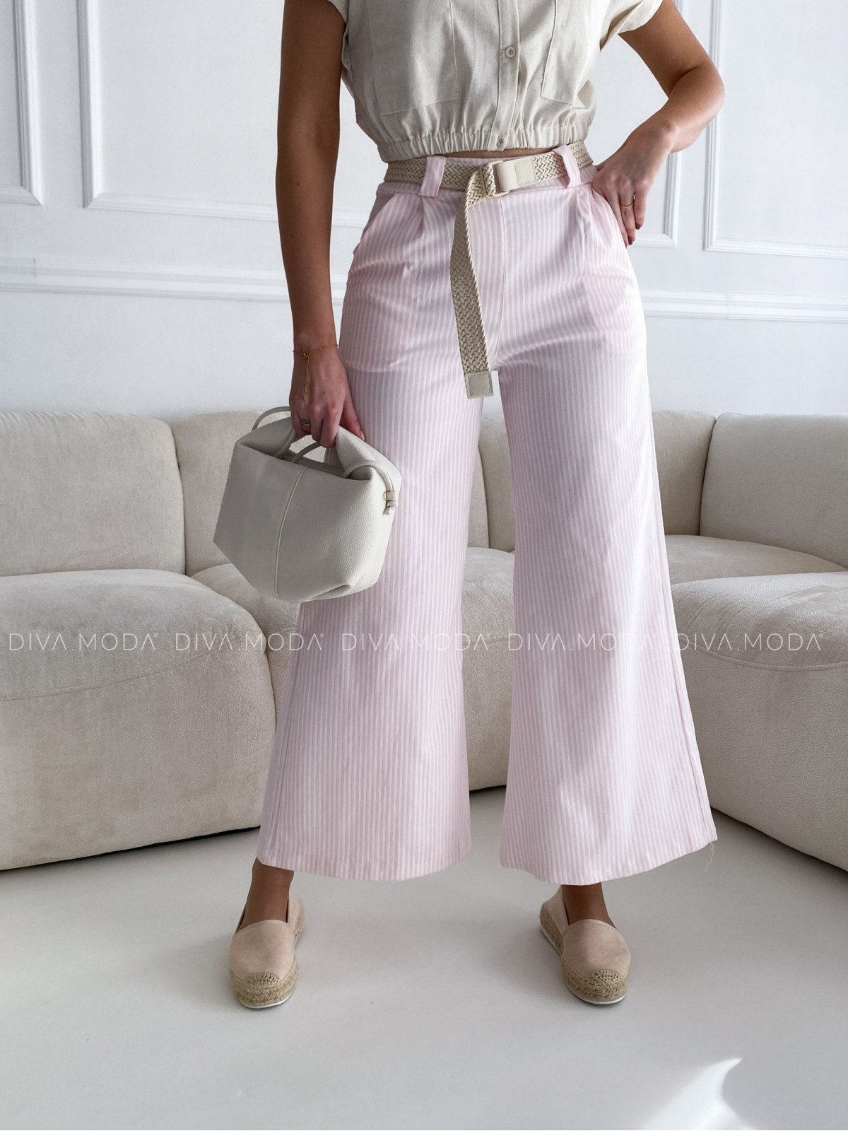 Bavlněné zvonové kalhoty strips růžové P 86