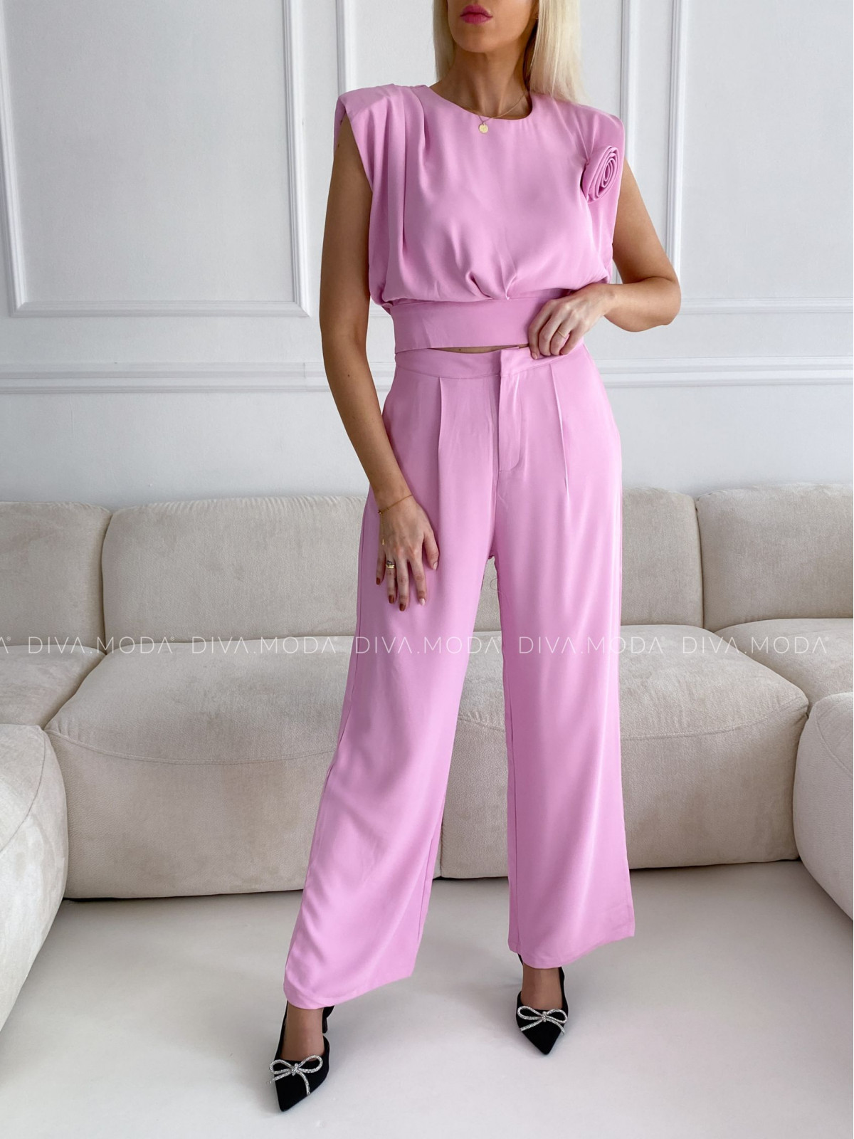 Elegantní komplet kalhoty + top rose růžový P 80