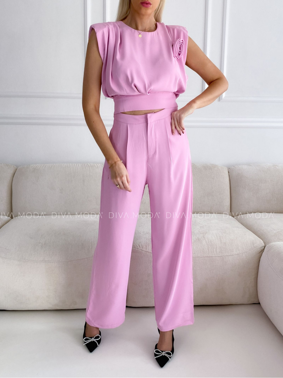 Elegantní komplet kalhoty + top rose růžový P 80