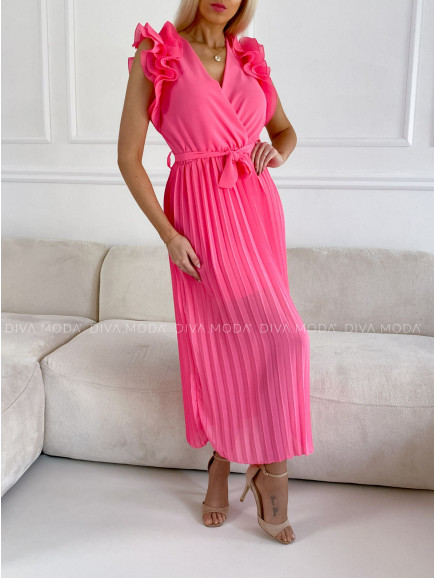 Plisované maxi šaty s volánovými rukávy Stella růžové P 78