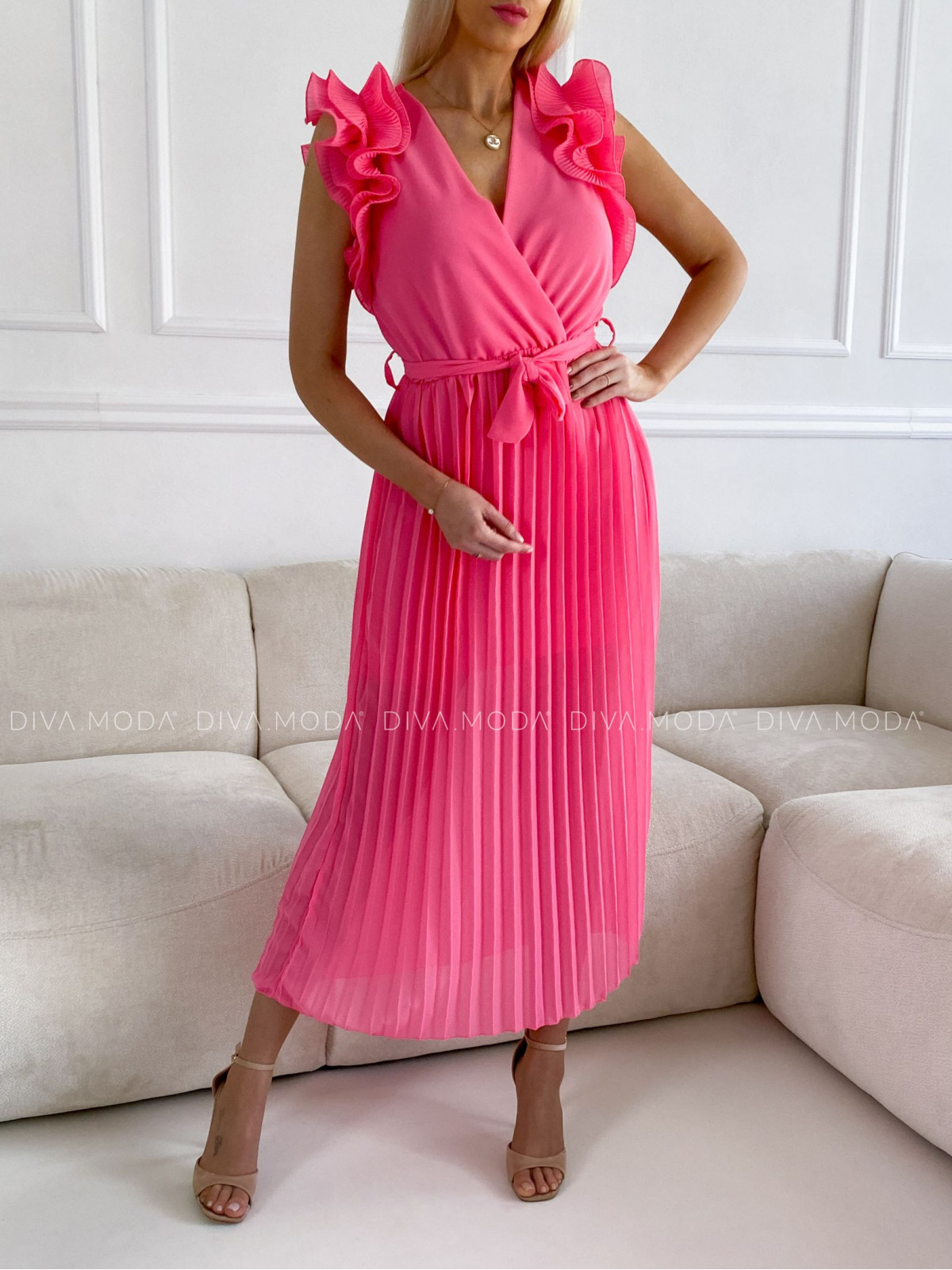 Plisované maxi šaty s volánovými rukávy Stella růžové P 78