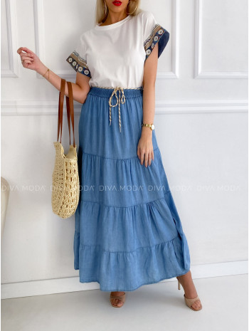 ľahká látková A-sukňa denim  s opaskom svetlá P 111