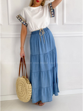 ľahká látková A-sukňa denim  s opaskom svetlá P 111