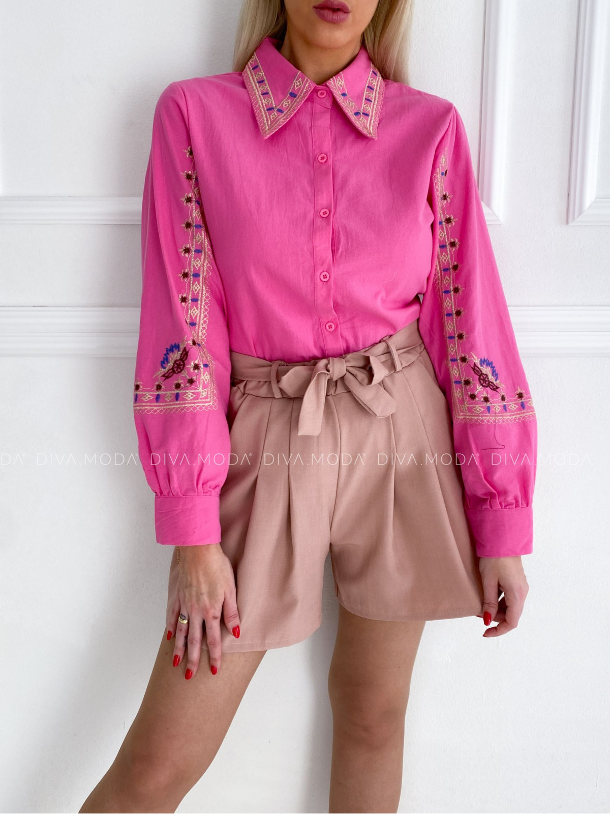 Bavlněná slim Vyšívaná košile Etel růžová P 131