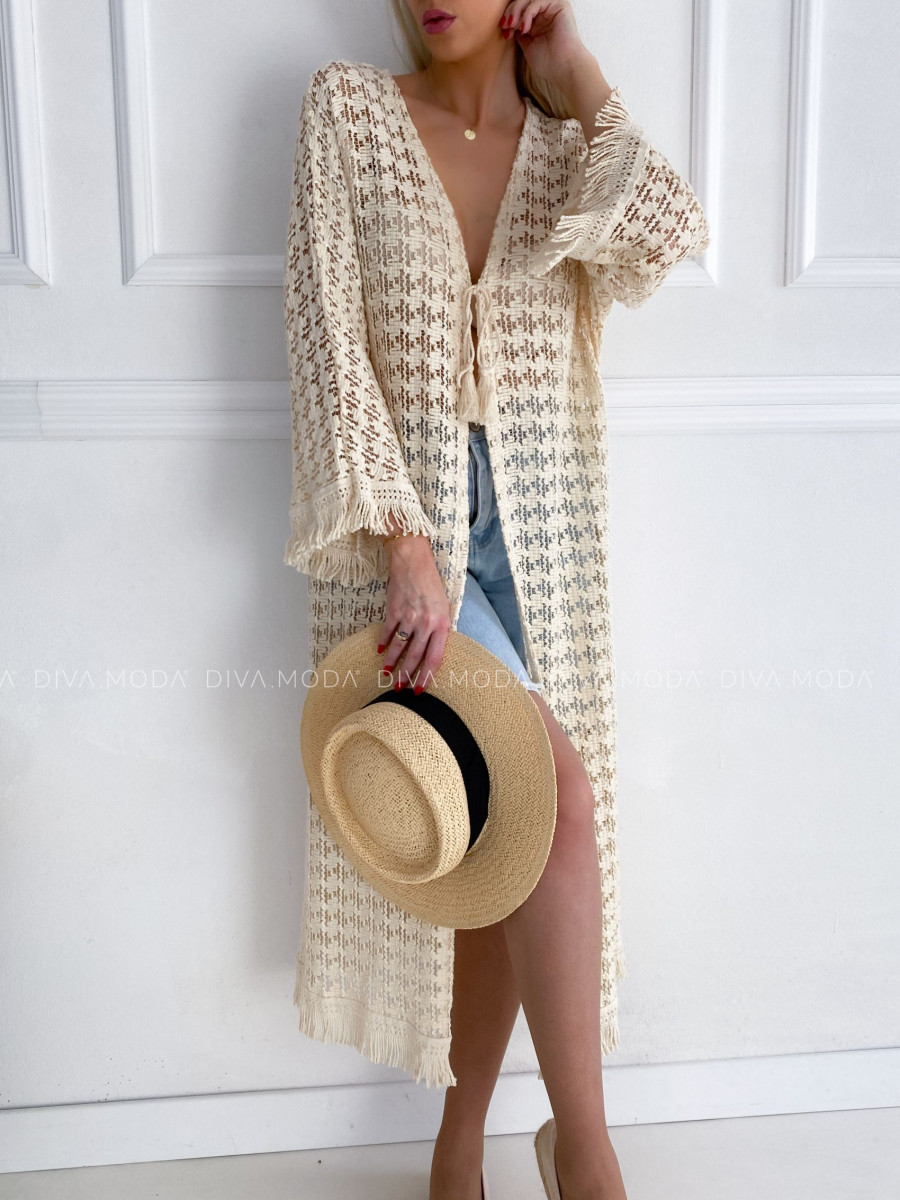Háčkovaný kaftan na plavky ecru P 144