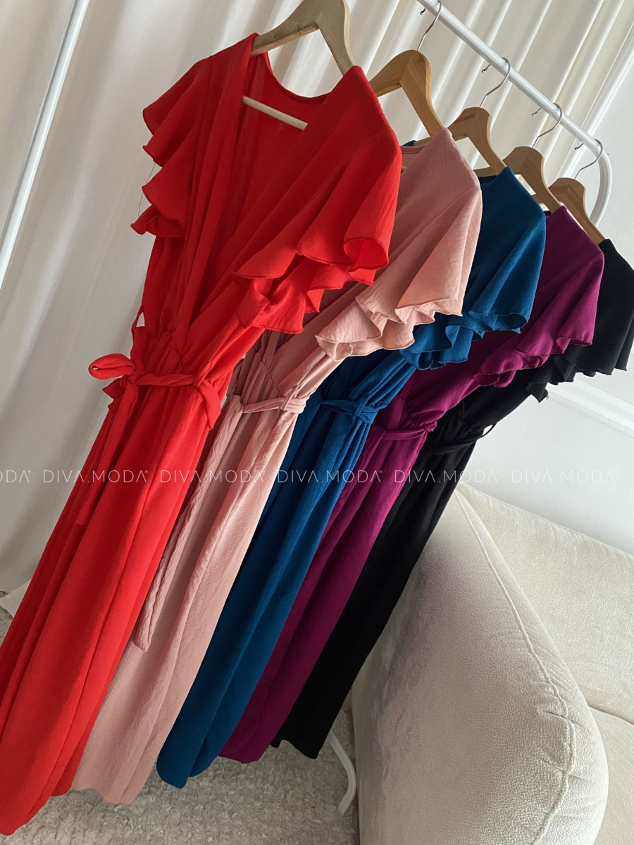 Maxi šaty s volánikmi na ramenách Iwet petrolejové P 115