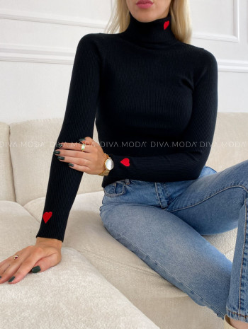 Rebrovaný rolák so srdiečkami čierny V 50