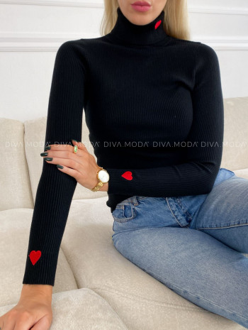 Rebrovaný rolák so srdiečkami čierny V 50