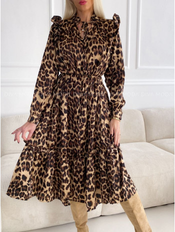 Leopardie midi šaty s volánikmi na ramenách V 141 Leopardie midi šaty s volánikmi na ramenách V 141
