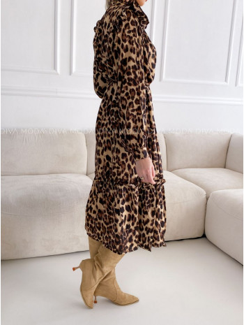 Leopardie midi šaty s volánikmi na ramenách V 141 Leopardie midi šaty s volánikmi na ramenách V 141