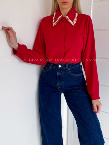 Blúzka s perličkami na golieri červená V 219