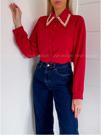 Blúzka s perličkami na golieri červená V 219