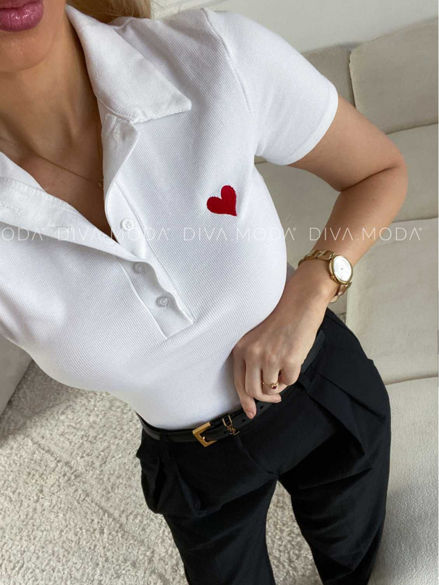 Rebrované polo tričko so srdiečkom biele M 185 Rebrované polo tričko so srdiečkom biele M 185